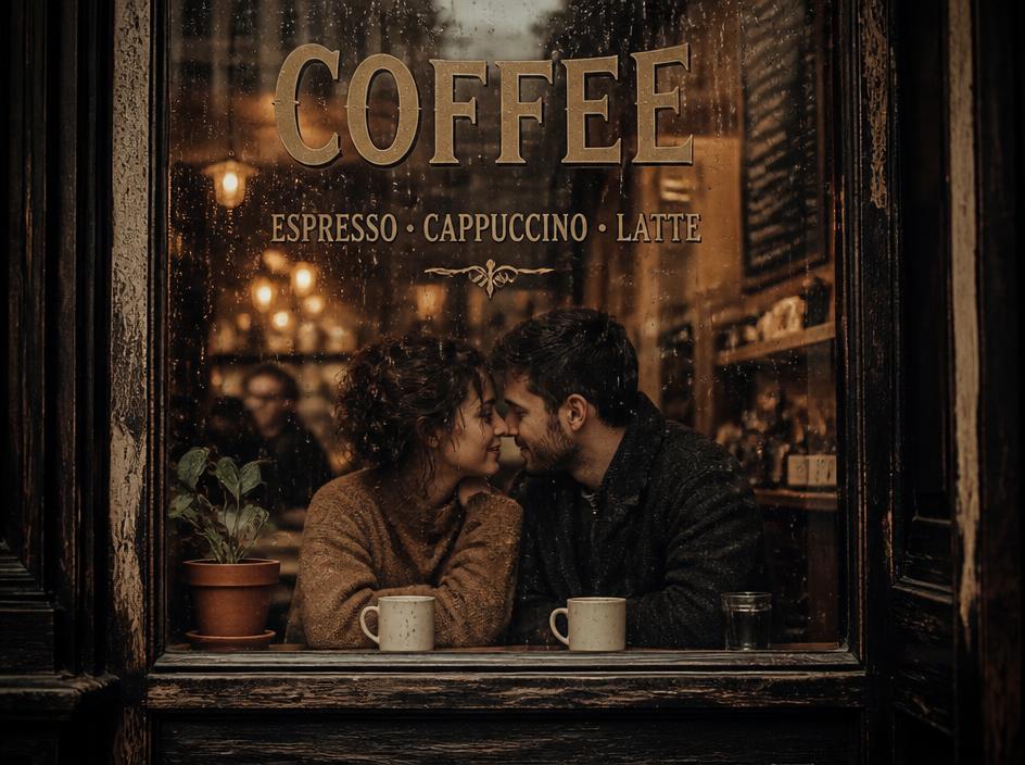 Rainy vintage coffee shop window at dusk