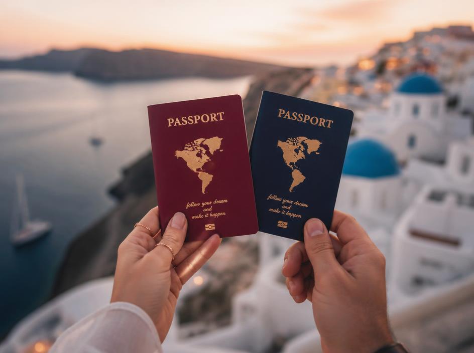 Two hands holding different colored passports